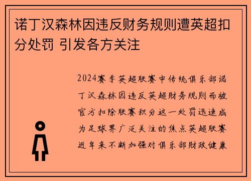 诺丁汉森林因违反财务规则遭英超扣分处罚 引发各方关注 诺丁汉森林因违反财务规则遭英超扣分处罚 引发各方关注